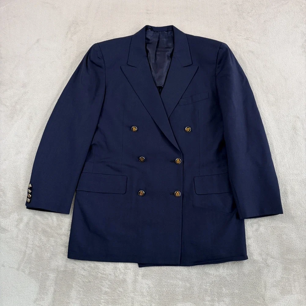 Oxxford Clothes Glasgow Double Breasted Crest Enamel Button Blazer Navy Men 44R